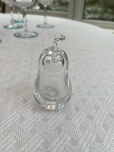 Kosta Boda Pear Perfume Bottle: Title: Kosta Boda Pear Perfume Bottle Date/Period: 1950s Dimension: 3" Materials: glass Description: Vintage Kosta Boda Pear perfume bottle w/ stem as cork, signed and numbered Vicke Lindstrand Reserv