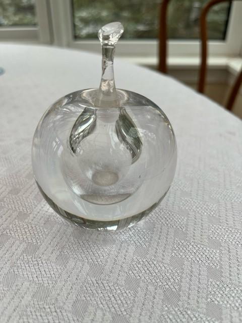 Kosta Boda Apple Perfume Bottle: Title: Kosta Boda Apple Perfume Bottle Date/Period: 1950s Dimension: 4" Materials: glass/crystal Description: Vintage Kosta Boda Apple perfume bottle w/ stem as cork, signed and numbered Vicke Lindstr
