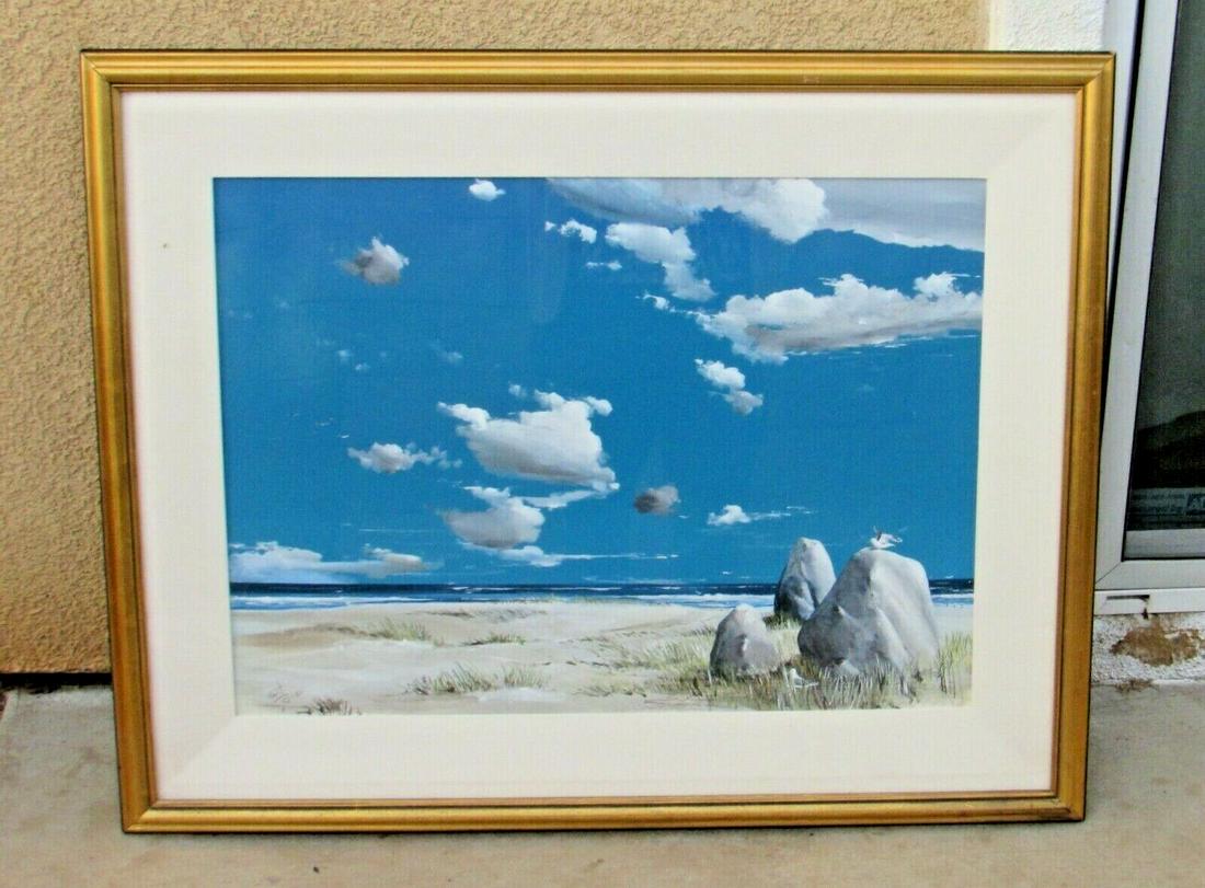 JEFF FAUST $$Artist Coastal Seascape w/ Clouds & Bird on a Rock Acrylic on Paper: JEFF FAUST. $$$$$$Artist. Coastal Seascape with Clouds and a Bird on a Rock, 1989, 22" x 29" sight size acrylic on paper (framed size: 32" x 39") signed/dated lower left and also signed/dated on the b