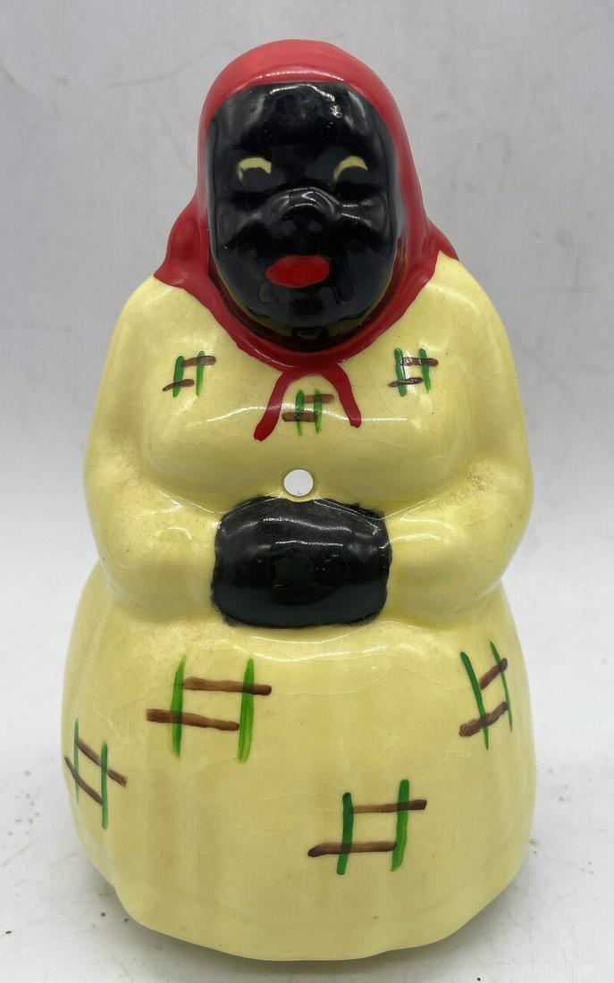 VINTAGE BLACK AMERICANA MAMMY HANGING STRING HOLDER: Title: VINTAGE BLACK AMERICANA MAMMY HANGING STRING HOLDER Date/Period: approx 1950's Dimension: approx 6 x 3.25 Material: CERAMIC Additional Information: Back is open to put in a ball of kitchen stri