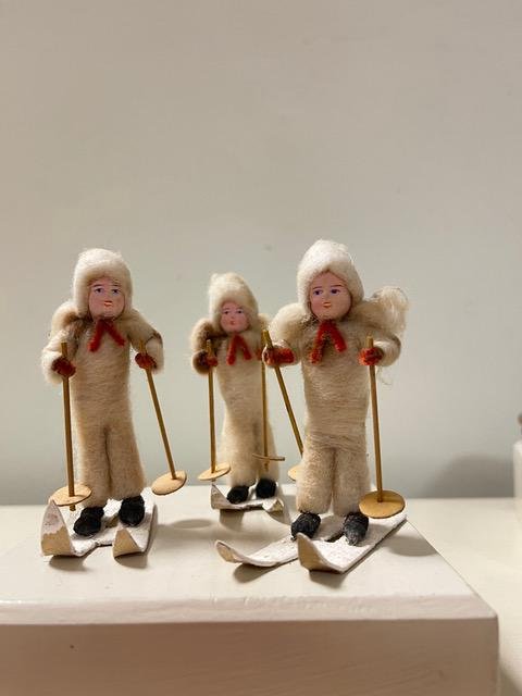 THREE COTTON BATTING CHRISTMAS SKIERS: DescriptionSTAMPED JAPAN, 3-1/3” TShipping:Domestic: Flat-rate of $6.00 to anywhere within the contiguous U.S.International: Foreign shipping rates are determined by destination. International s