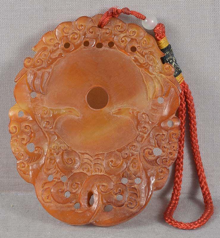 19c Chinese BUFFALO HORN pendant DRAGONS in clouds (1 of 6)