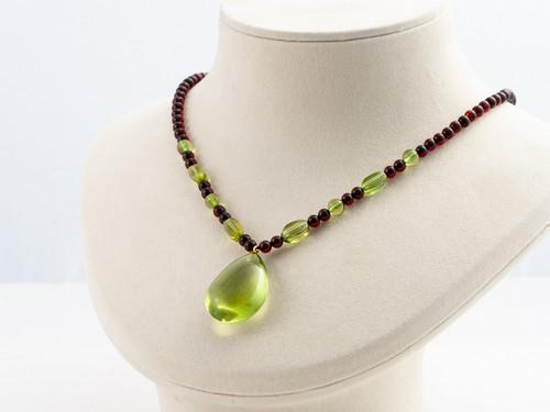 Green & Baltic amber necklace with droplet pendant (1 of 6)