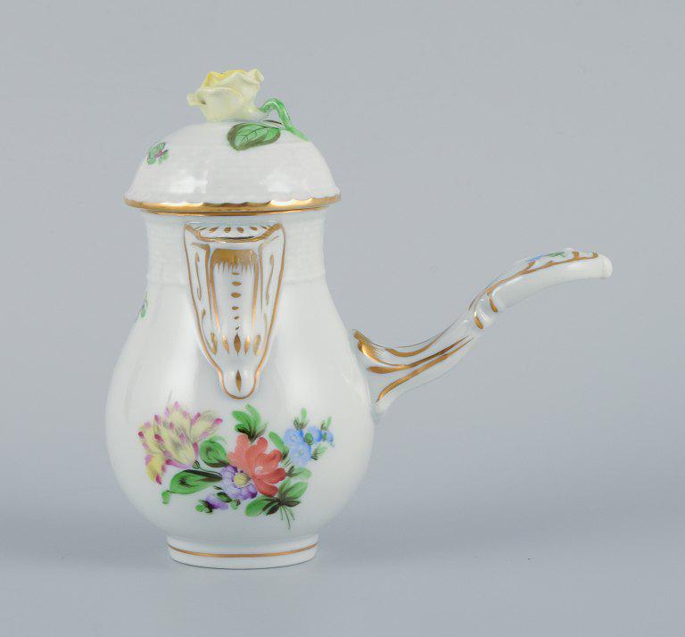 Herend, small chocolate jug with handle hand-painted with flowers. Yellow rose in relief on the lid. (1 of 6)