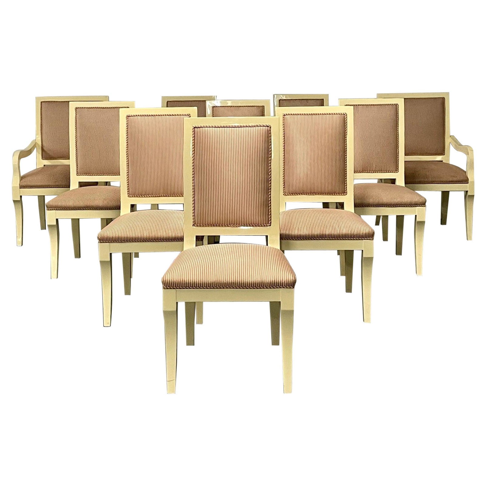 Ten Modern Dining Chairs, White Lacquer, Ron Seff, Custom: Title: Ten Modern Dining Chairs, White Lacquer, Ron Seff, Custom Description: A set of ten custom lacquered designer dining chairs. Sleek and stylish with straight lines throughout this strong and str