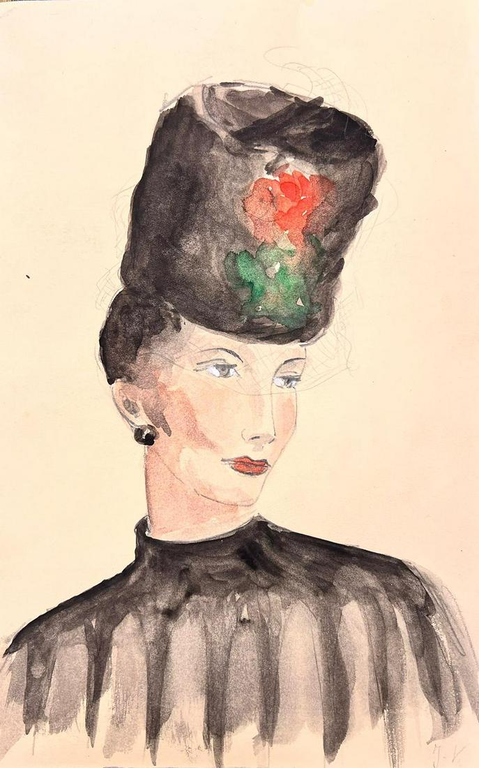 1950s Fashion Illustration Original Painting Of A Lady In Stylish Fur Black Hat 1960's (1 of 5)