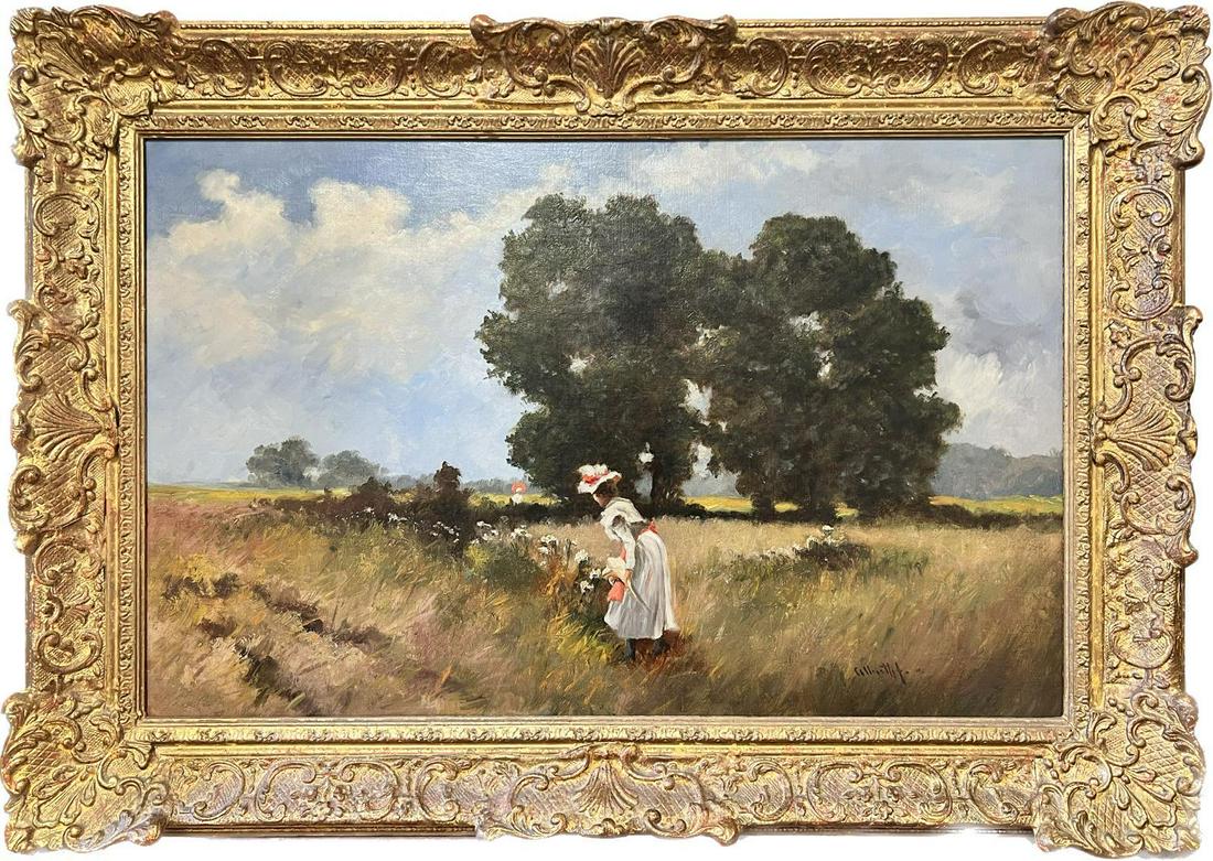 Beautiful Large Impressionist Oil Painting Elegant Lady Picking Flowers Meadow (1 of 9)