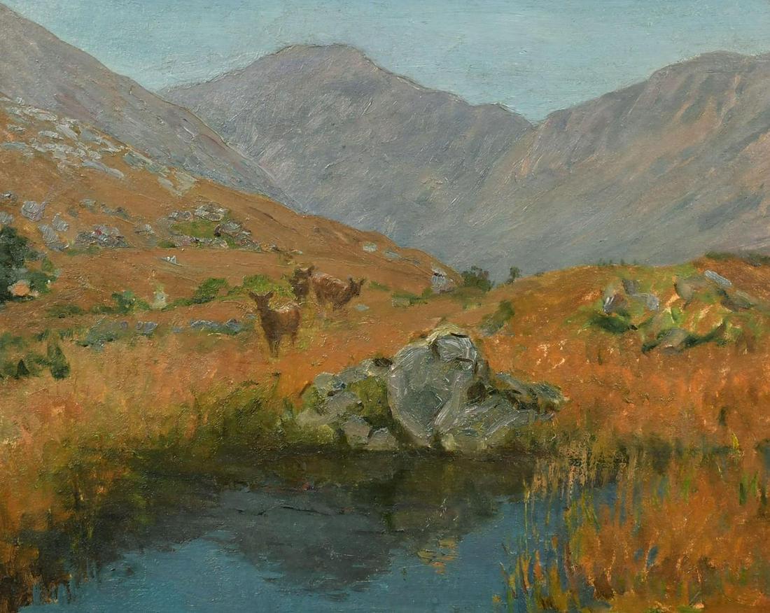Young Deer in Summer Scottish Highland Glen by Pool of Water 20th century: Artist/ School: Scottish School, 20th century Title: Young deer roaming in a Scottish summers glen next to a pool of water. Very atmospheric work. Medium: oil painting on board, framed. framed: 17.25