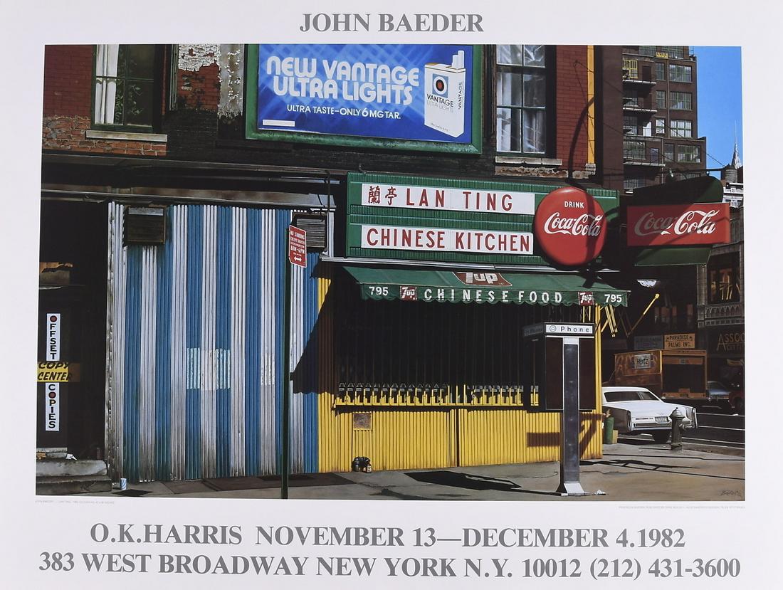 Offset Print Poster - John Baeder - Lan Ting - 1982 OK Harris - Street Scape: Description: Rare Poster of/after a painting by John Baeder, the iconic American painter best known for his detailed paintings of American roadside diners and eateries. Date: 1980s Material: Paper Dim
