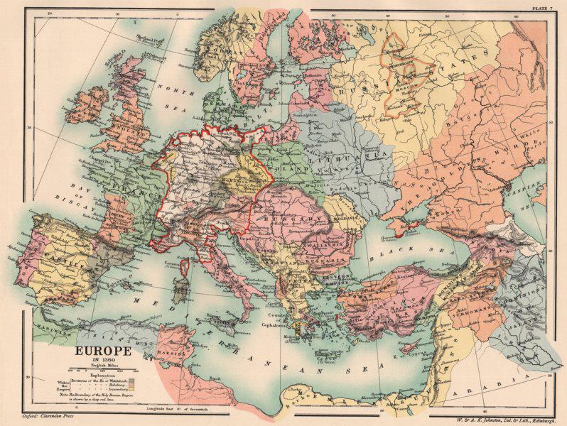 HOLY ROMAN EMPIRE. Europe in 1360 1902 old antique vintage map plan chart (1 of 2)