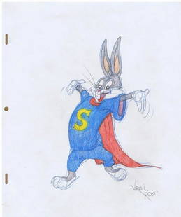 Signed Warner Brothers Original 1990's Color Drawing Virgil Ross Super Bugs: Bugs Bunny as Superman. Drawing by Virgil Ross (Warner Brothers, c. 1990s). An original one-of-a-kind drawing by famed Warner Brothers and Hanna-Barbera animator, the late Virgil Ross. This is done on