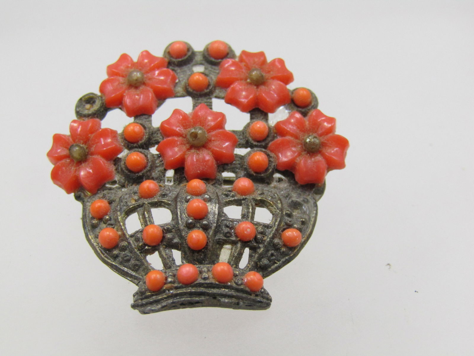 Vintage Orange Celluloid Floral Basket Brooch, C-Clasp, 1920's-1930's (1 of 5)