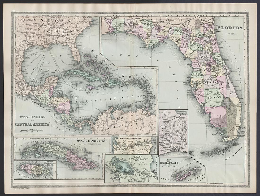 Scarce and fine 1894 hand-colored RR map of Florida: Scarce, distinctive double-page map of Florida from likely the last American atlas to feature hand-color on its maps. Good representation of the swampy areas in the southern portion of the state. Inse