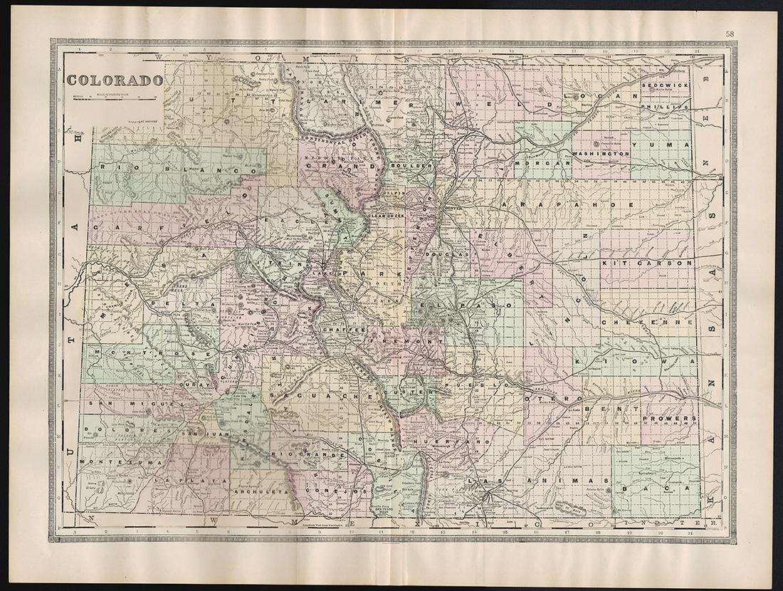 1894 hand-colored RR map of Colorado: Lovely and informative, hand colored steel plate engraved railroad map of Colorado by William Bradley in 1894. From the Potter-Bradley atlas, a scarce atlas that appears to have had only one edition.
