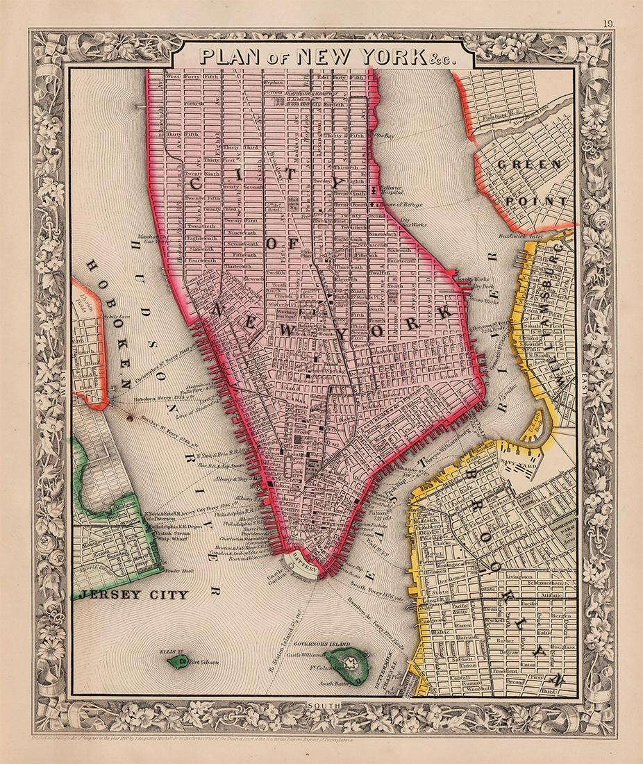 Desirable “Plan of New York City” by Mitchell, 1860: One of the more collectible and attractive atlas maps of New York City to appear in the nineteenth century. An iconic image of this important American city. Dated 1860 and from Mitchell’s New Ge