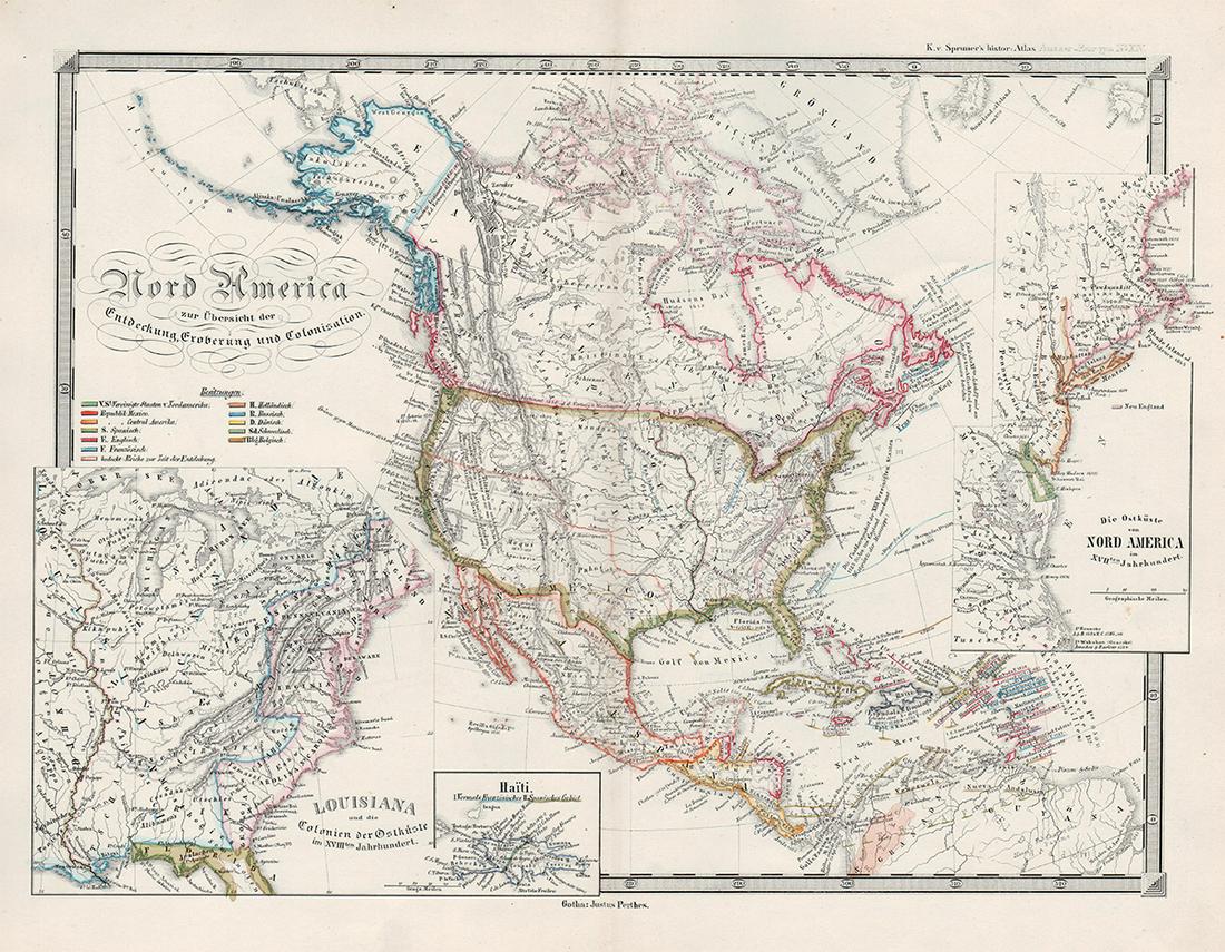 1855 map of N. America showing Discovery, Conquest, Colonization: Scarce 1855 Von Spruner map of North America, with particular attention paid to the Discovery, Conquest and Colonization of the region. This Justus Perthes map includes Nation states, European possess