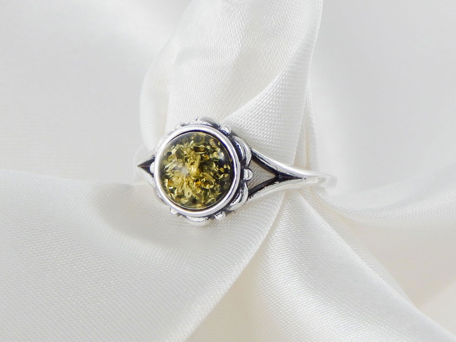 Natural Baltic Green Amber Round Cut Ring in 925 Sterling Silver (1 of 6)
