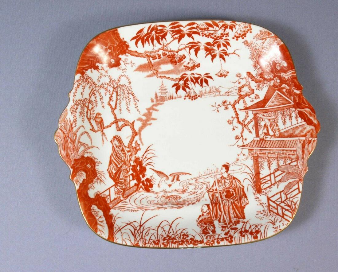 Royal Crown Derby RARE RED Mikado DEEP LARGE Handled Cake Sandwich Tray Platter: This is a Bone China Cake/Sandwich/Snacks Serving Platter/Tray, made by Royal Crown Derby in their famous Mikado collection. It is very rare edition of the pattern in RED The Mikado pattern was design