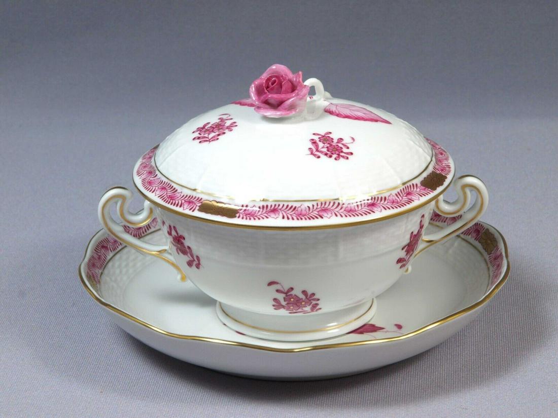 Herend Hungary Chinese Bouquet Raspberry Lidded Cream Soup Bowl Rose Finial (1 of 5)