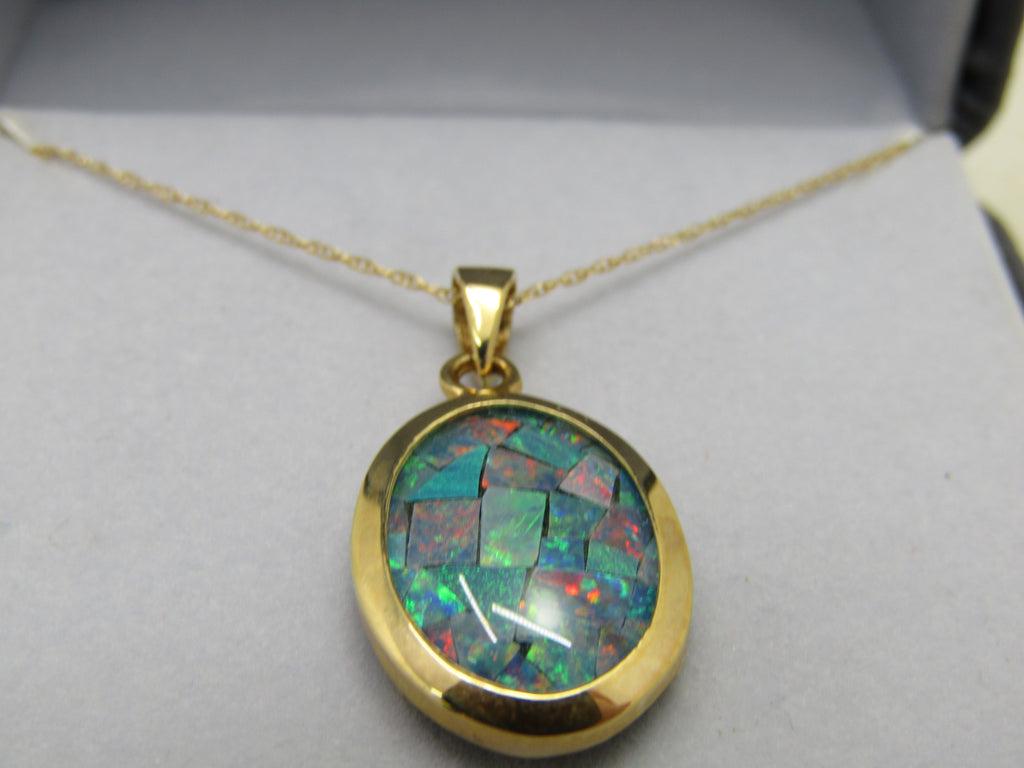 14kt Mosaic Opal Necklace, Onyx Background, 18", 2.72 Grams, Signed Keia (1 of 9)