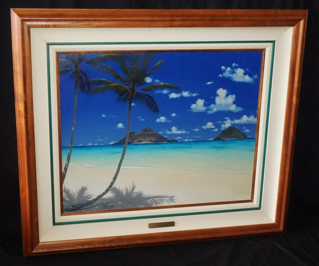 2000 Hawaii Koa Framed Oil Painting "lanikai Kailua Beach" By Al Hogue