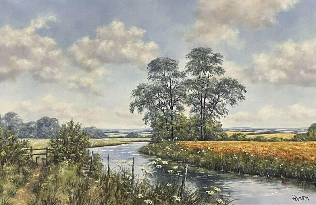 DEBORAH POYNTON - LARGE BRITISH OIL PAINTING - RIVER LANDSCAPE CORN & POPPY FIE (1 of 10)