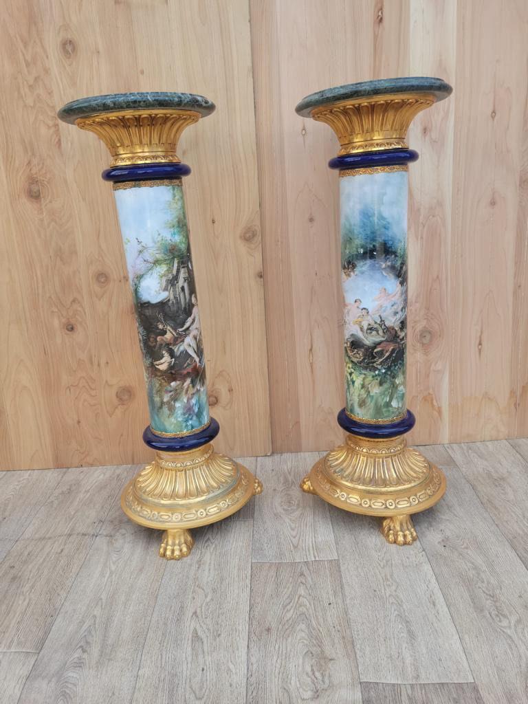 Antique Italian Neoclassical Style Hand Painted Porcelain Brass and Marble Top Display Pedestals - (1 of 9)