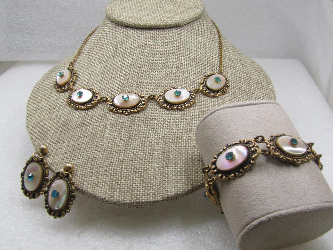 Vintage Necklace, Bracelet, Earrings Set, MOP Rhinestone, Snap Clasps, 1/20 12kt G.F. (1 of 8)