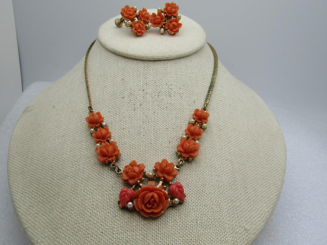 Vintage Salmon Rose Celluloid Necklace and Earrings Set, Faux Pearl, 1940's-1950's, 15.5" (1 of 5)