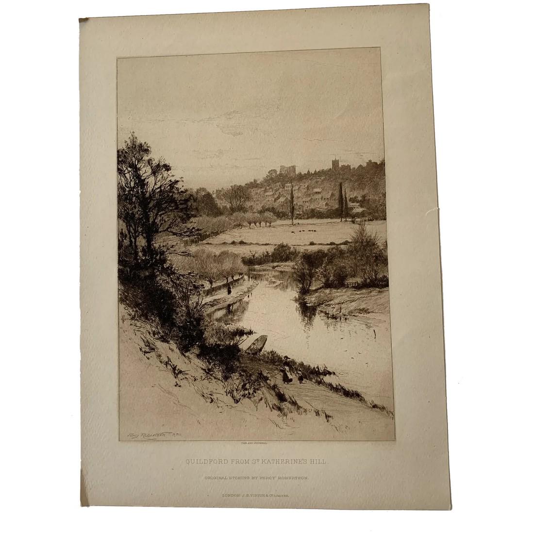 1901 Percy Robertson etching. Guildford from Catherine's hill. (1 of 3)