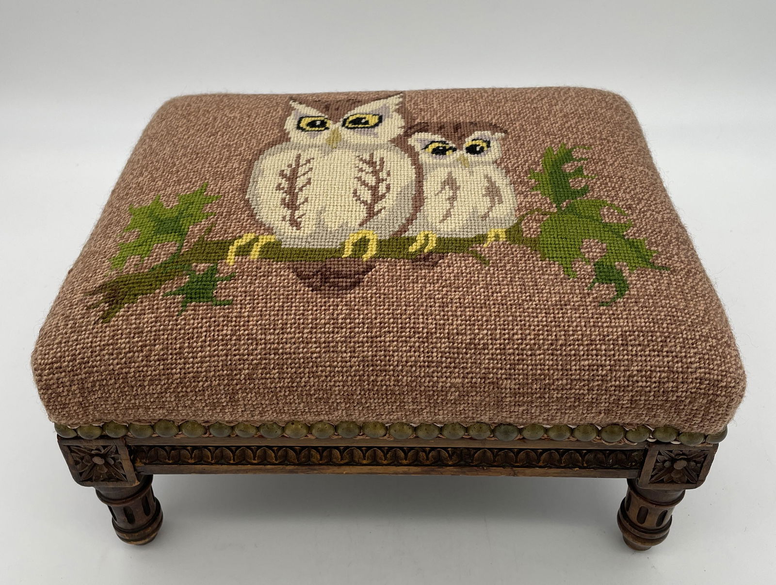 Antique Foot Stool OWL Needlepoint Top (1 of 8)