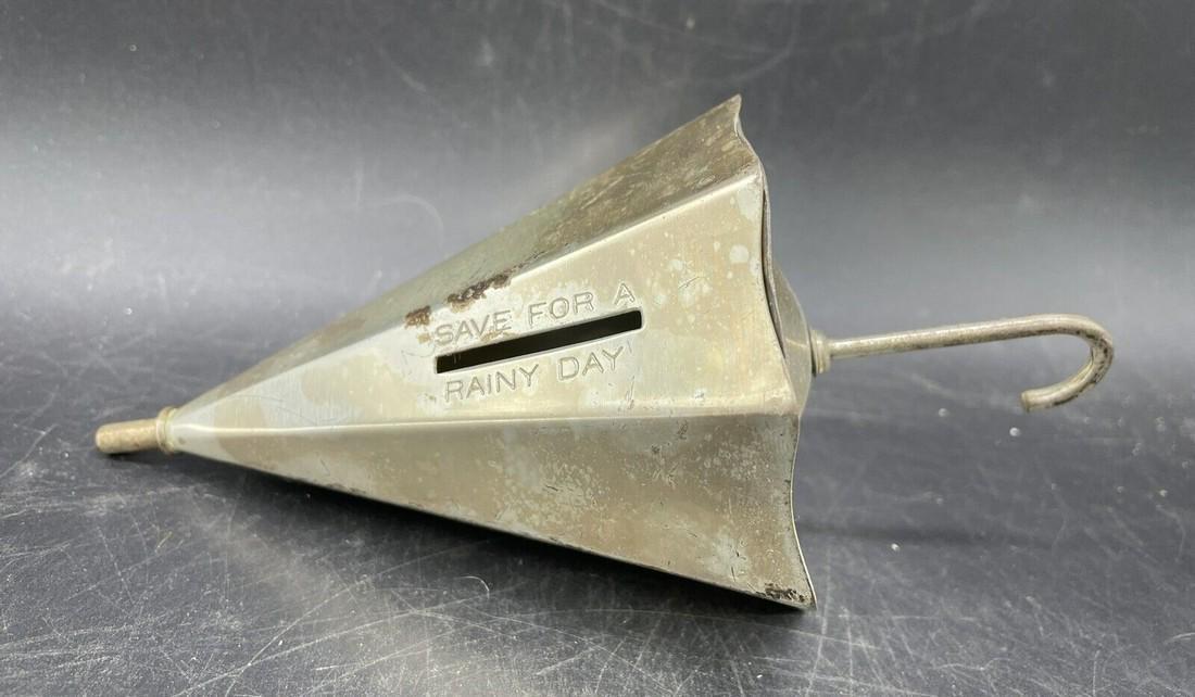 VINTAGE UNIQUE AND UNUSUAL ANTIQUE VICTORIAN METAL UMBRELLA BANK NICE PATINA (1 of 6)