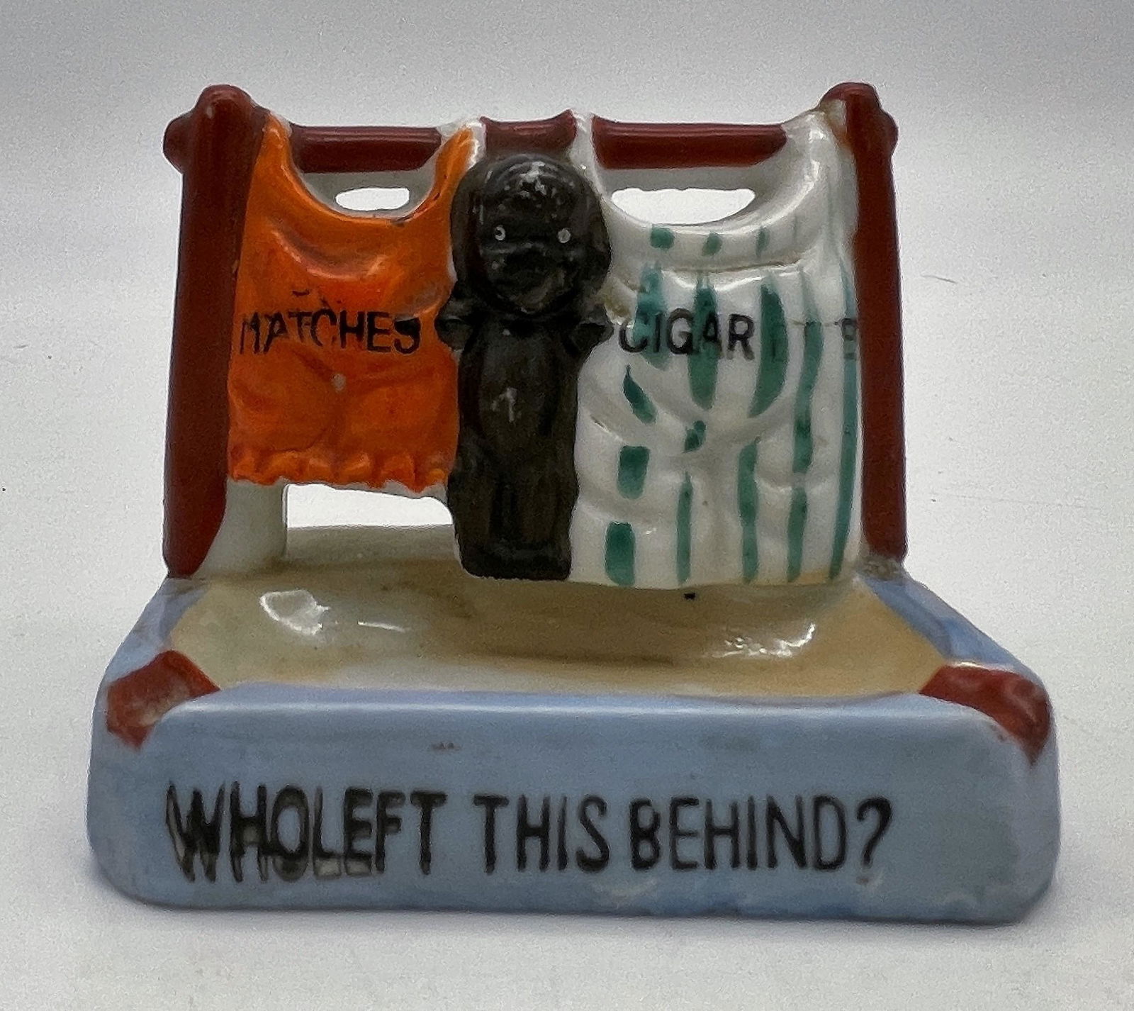 VINTAGE BLACK AMERICANA WHO LEFT THIS BEHIND" JAPAN BISQUE ASHTRAY: Title: VINTAGE BLACK AMERICANA WHO LEFT THIS BEHIND" JAPAN BISQUE ASHTRAY Date/Period: approx 1950's Dimension: APPROX 3 X 2.75 X 2.5 Material: ceramic Additional Information: VINTAGE BLACK AMERICANA