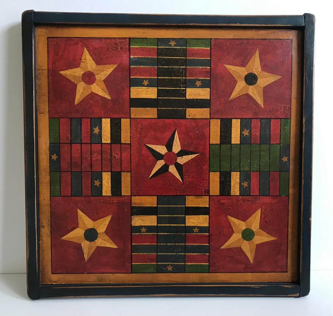 Artist Stamped Parcheesi Gameboard: Hand crafted Gameboard from the last half of the 20th century by John Hulbert. Done in red, green, black and tan, the surface is made to look older. Measures 19.5” by 19.25”. Shipping: Dom