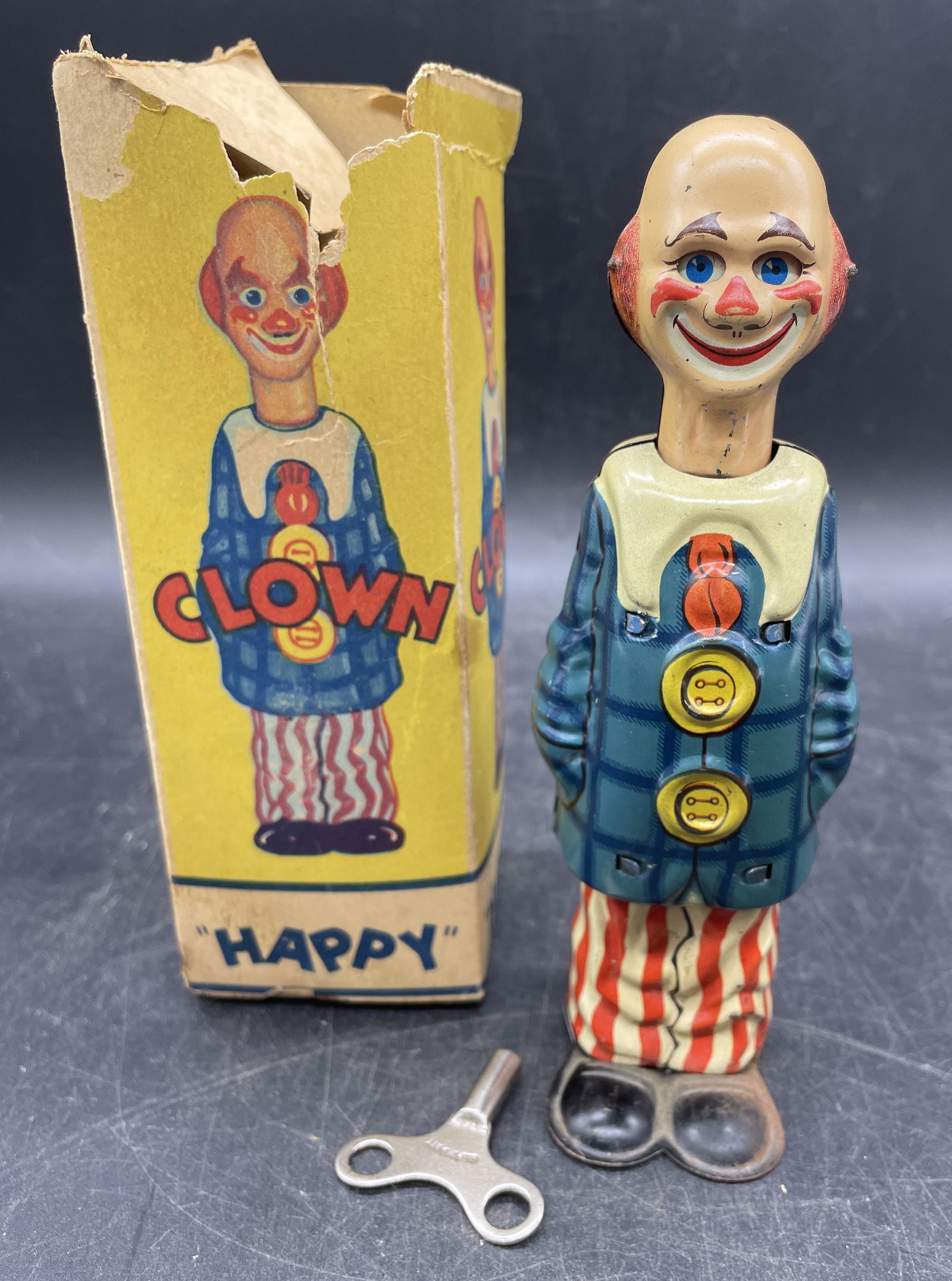 1950's Distler German Happy Clown Tin Litho Wind Up Toy & Box