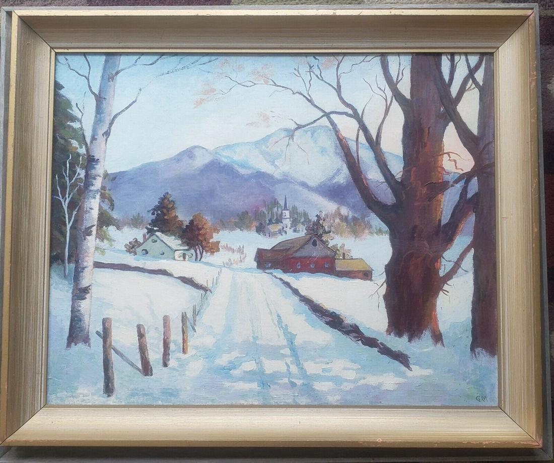 1950 oil painting on board country road barn church scene lighting and colors (1 of 2)