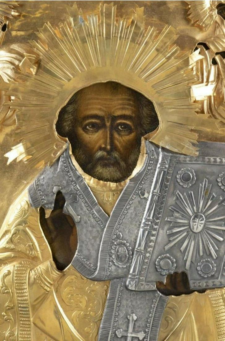 ANTIQUE FINELY PAINTED 19c 84 SILVER RUSSIAN ICON OF ST.NICHOLAS: FINELY STUNNING RUSSIAN ANTIQUE 19C 84 SILVER ICON OF ST.NICHOLAS . SIZE ;H : 12 x 10 INCHES (31 x 26 cm). Reserve: $1,995.00 Shipping: Domestic: Flat-rate of $40.00 to anywhere within the contiguous