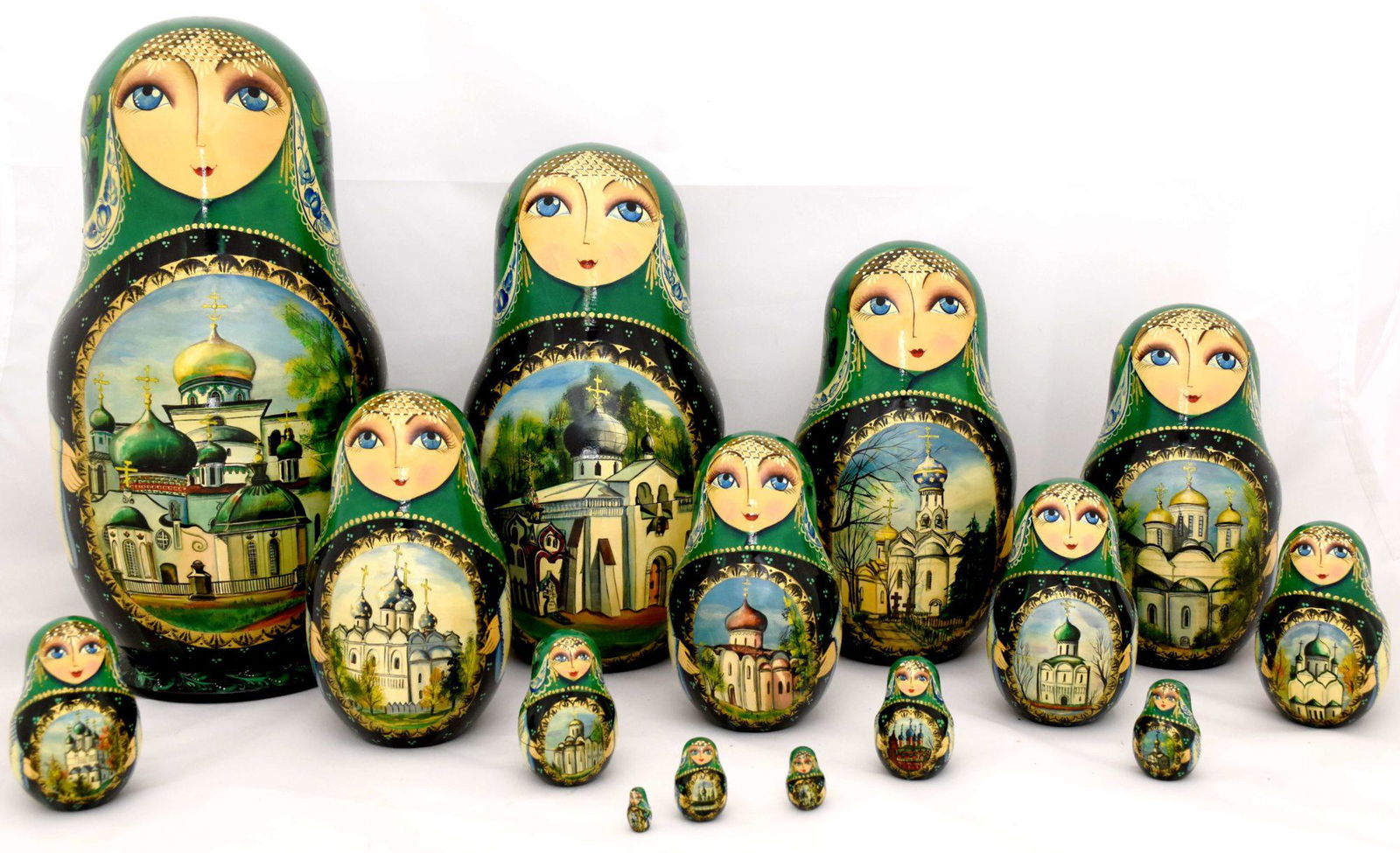 Matreshka: Large Matreshka “Churches of the Golden Ring of Russia”. Traditional russian wooden nesting doll. Hand made, hand painted by Rjabchikowa A. with artist’s signature. Sergiyev Posad, 1