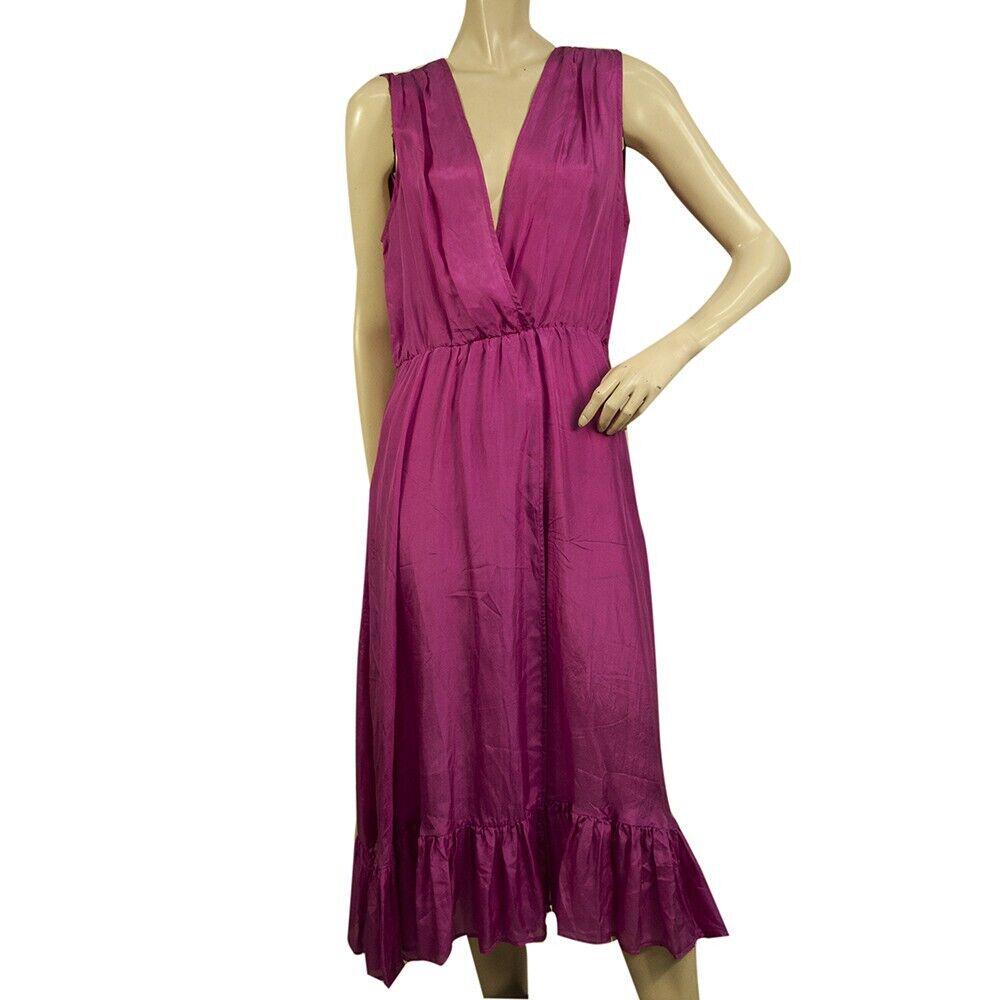 Nisw Fuchsia Sleeveless 100% Silk Semisheer Ruffled Calf Length Summer Dress M (1 of 6)