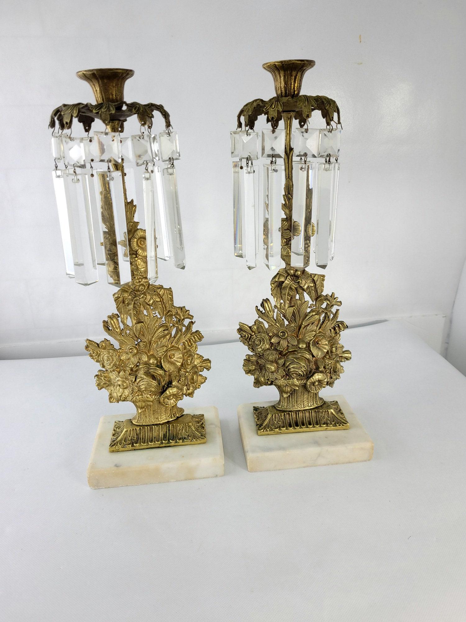 Vintage Brass Crystal Girandole French Antique Italian Marble Crystal Gold Candle Holders Wedding (1 of 8)