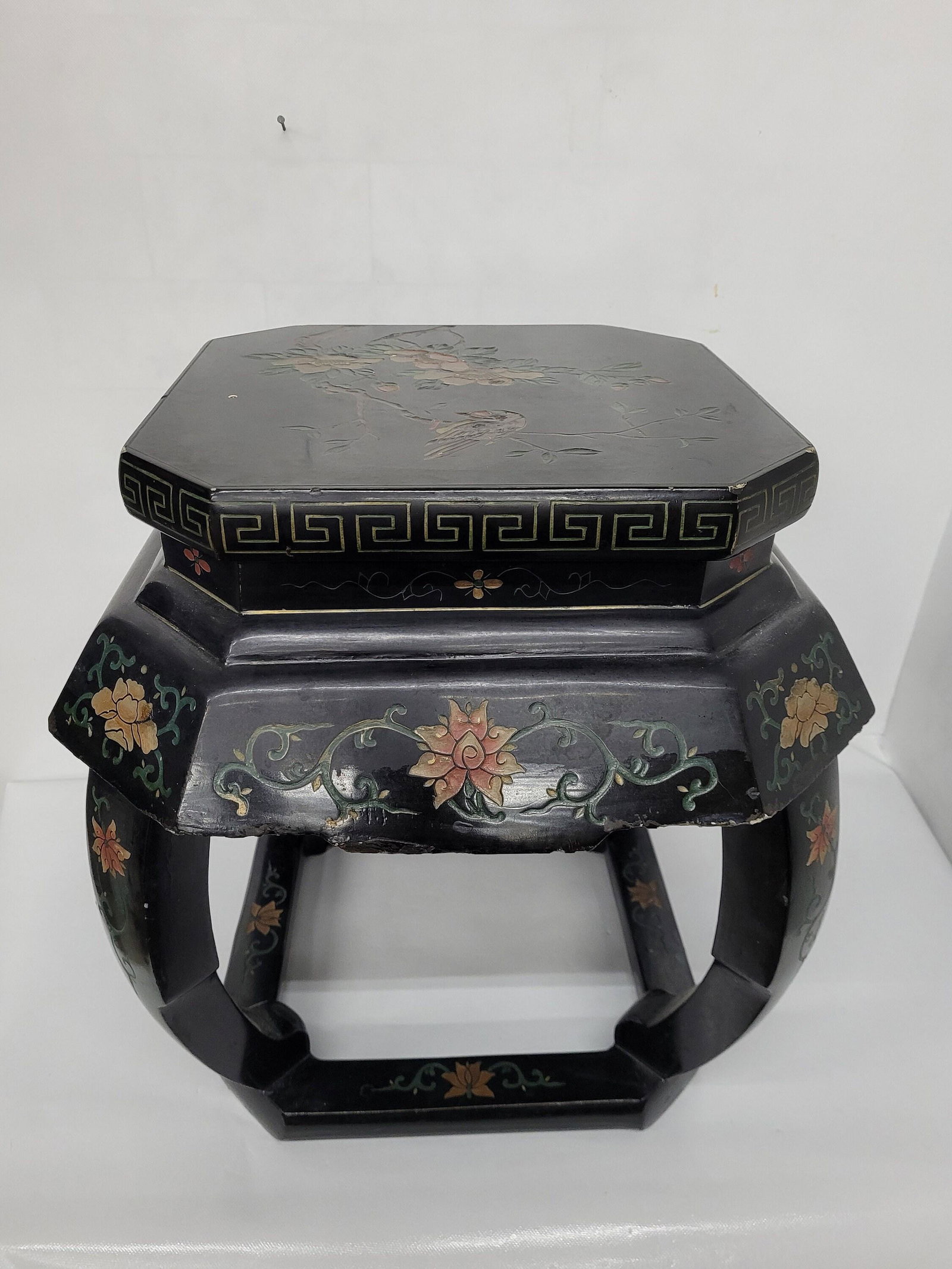 Vintage French Lacquered Chinoiserie Stool Floral and Bird Decorations Table Plant Stand (1 of 8)