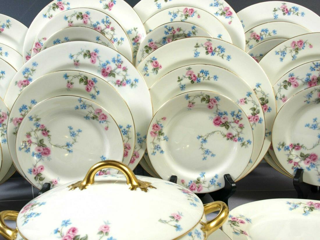 Limoges France Dinner Set For 10 Plates Bowl Platter Pink Roses Blue