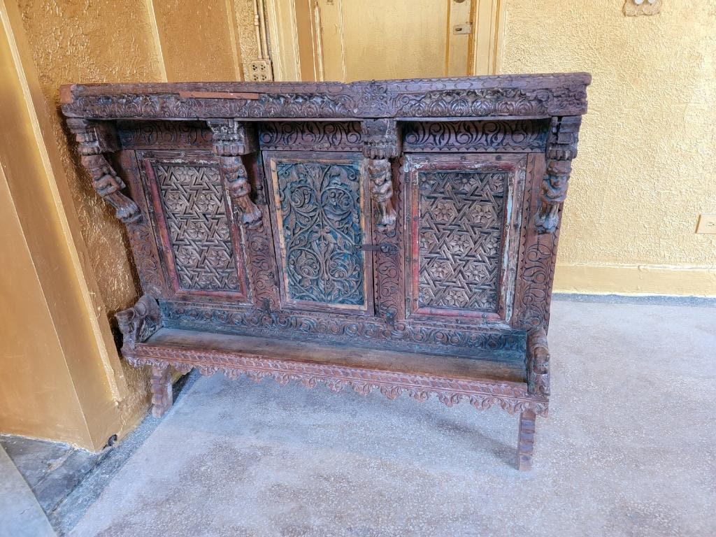 Antique Indian Hand Carved Marble Top Dowry Sideboard Chest with Marble Top (1 of 3)