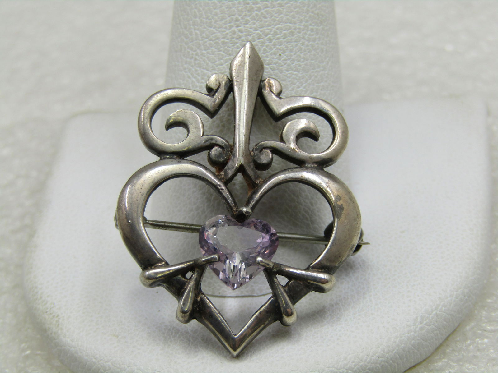 Vintage Sterling Scottish Amethyst Heart Brooch, Signed, 1-3/8" tall (1 of 5)