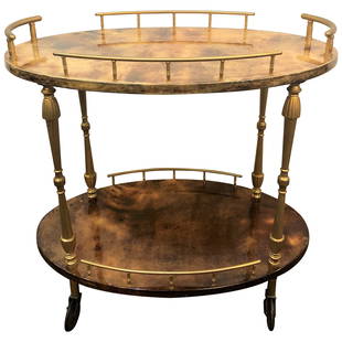 Mid-Century Modern Aldo Tura Diminutive Goat Skin Trolly or Serving Wagon: This sweet Aldo Tura diminutive modern goatskin trolley or serving wagon is certain to grab attention. Having a galleried brass top and bottom shelf this wonderfully designed cart by this highly sough