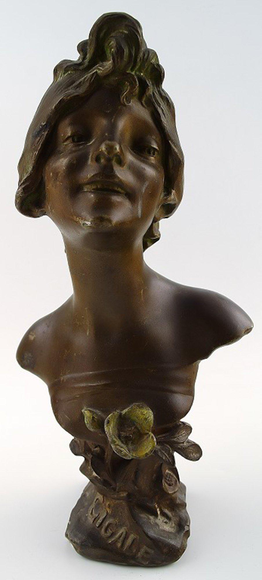 JULIEN Caussé (b. 1869, d. 1914) well listed French sculptor. Art Nouveau bronze bust of a: JULIEN Caussé (b. 1869, d. 1914) well listed French sculptor. Art Nouveau bronze bust of a young beauty "Cigale". In very good condition, fine patina. France, app. 1900 Stamp: J. Caussé and