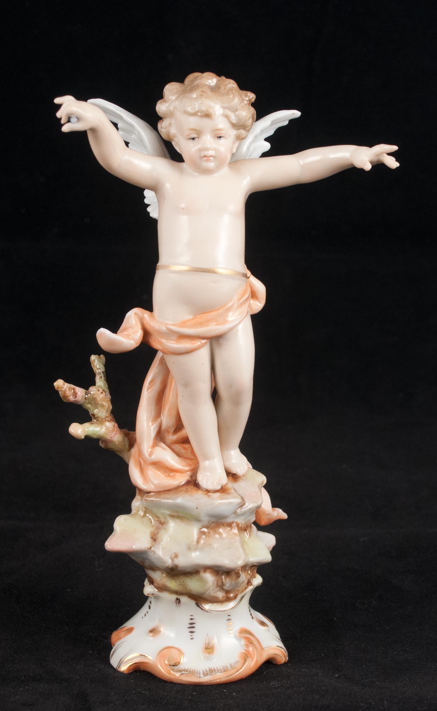 Meissen Porcelain Angel: Title: Meissen Porcelain Angel Description: Porcelain in shades of nudes and peaches, stand with signs of blue cross swords mark Cross Swords X Red 2 Date/Time:19th Century Materials: Proceain Dimensi