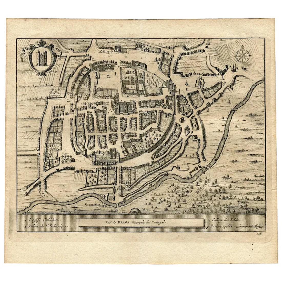 View of Braga in XVIII century - Portugal - 1715 engraving - Pieter Van der Aa (Alvarez de Comenar) (1 of 3)