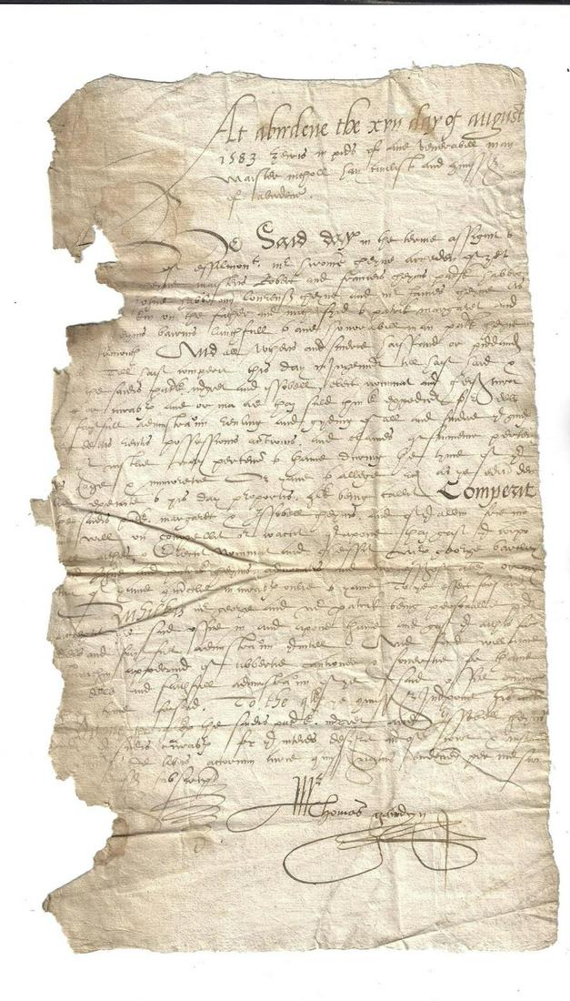 1583 English Manuscript Nice Watermark: Manuscript document dated 1583 during the reign of Elizabeth I in English, signed. Interesting watermark of a hand with a star. Good condition, some loss to left portion of document, Measures 6 x 10,5