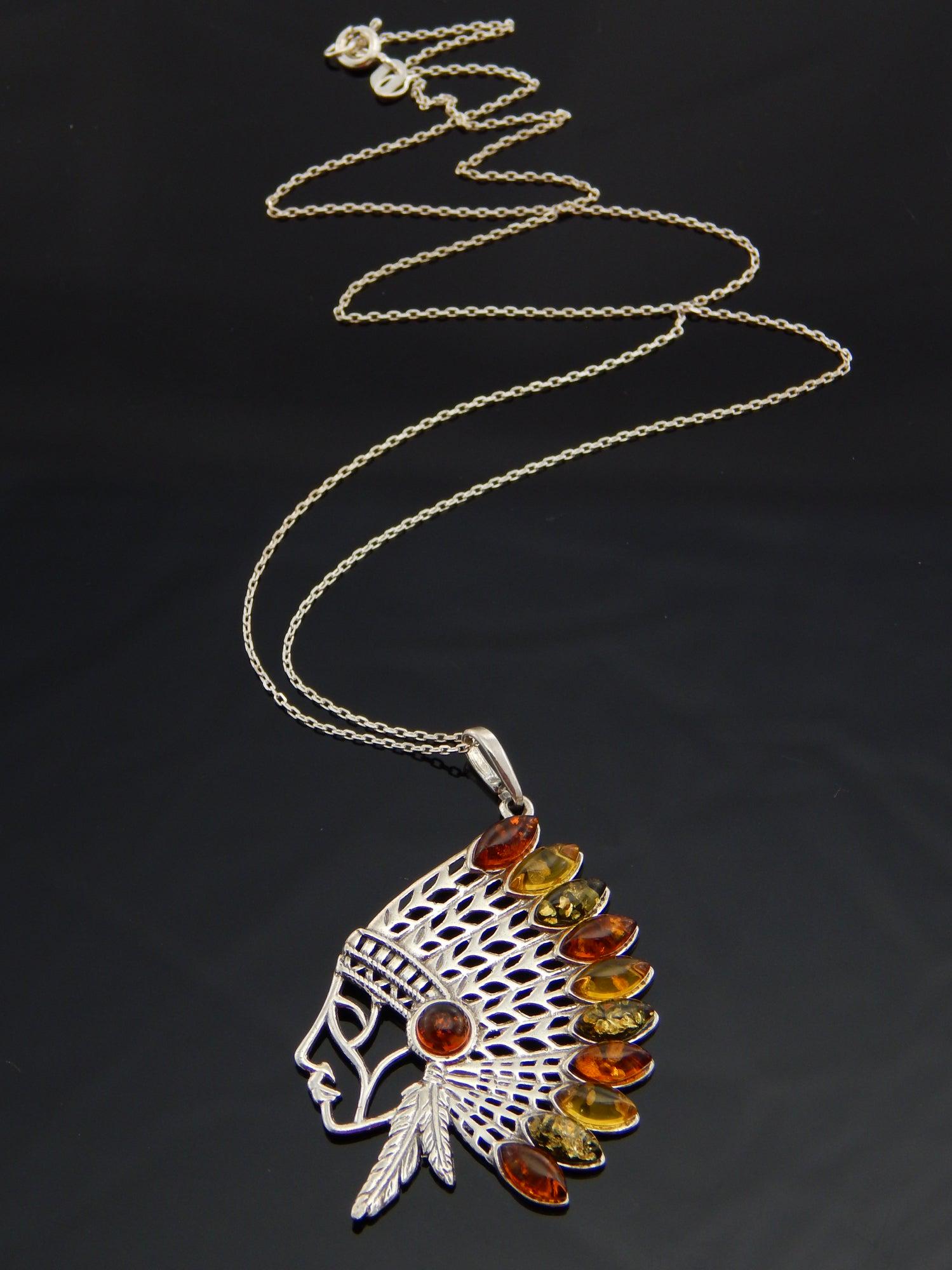 Natural Baltic Multicolor Amber Indian Chief Necklace in 925 Silver (1 of 6)